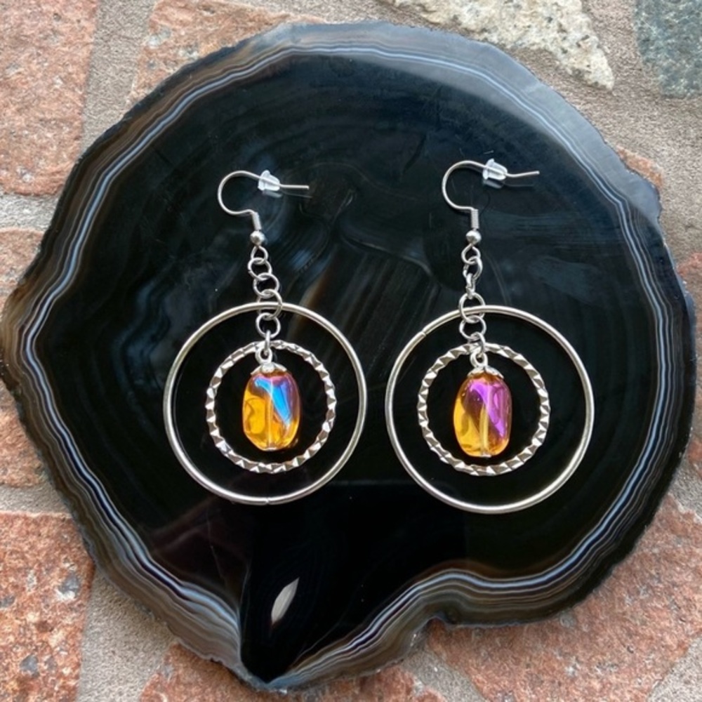 Orange aura crystal hoops dangly steel earrings